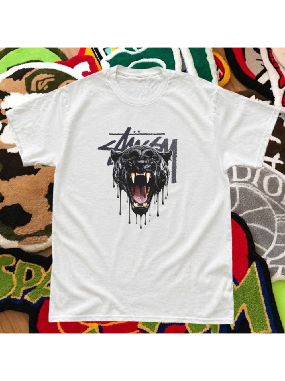 Stussy Black Panther Drip Script Logo T-Shirt White Graphic Tee Streetwear Top